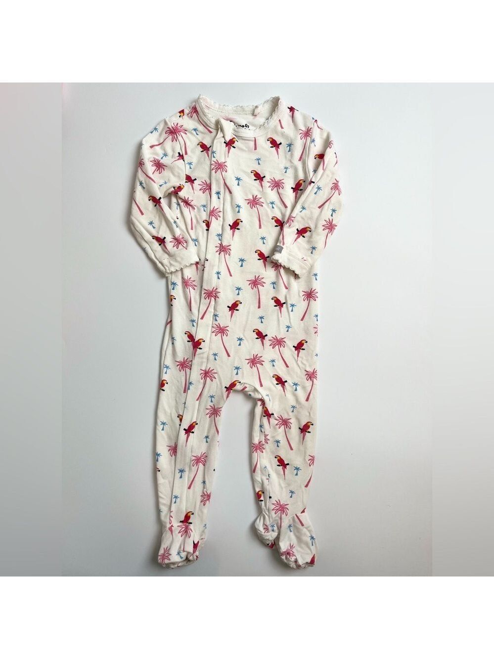 Coccoli White and Pink Floral Footie One Piece- Parrots & Palm Trees